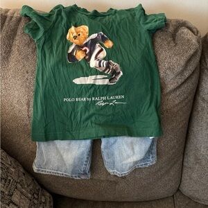 Ralph Lauren Green Bear Football Tee and Ralph Lauren Jean shorts 4T